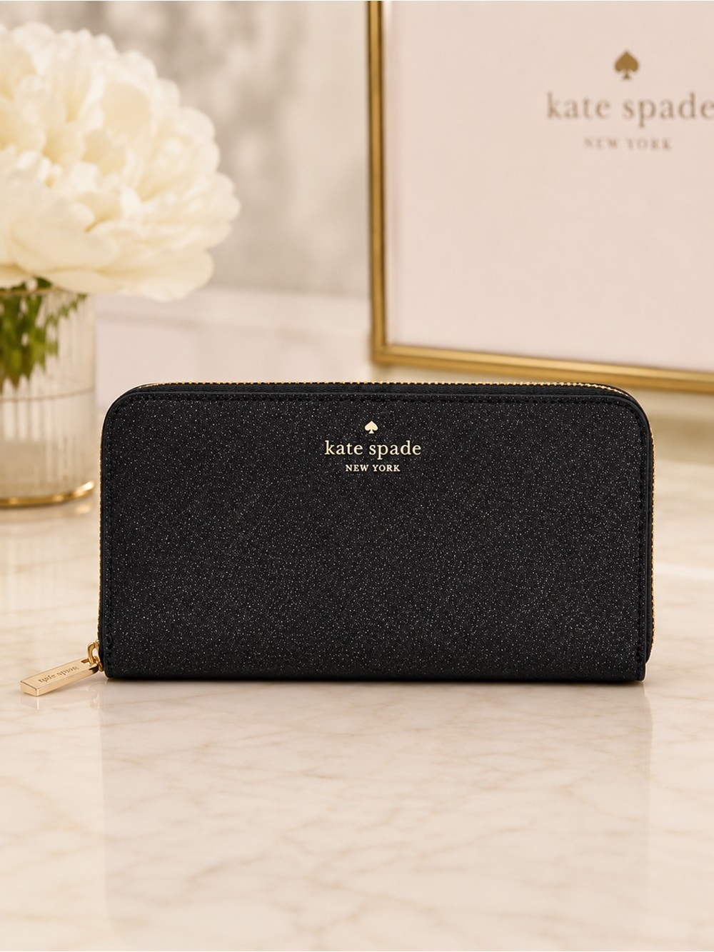 NWT kate spade New York Black Glitter Zip-Around Wallet